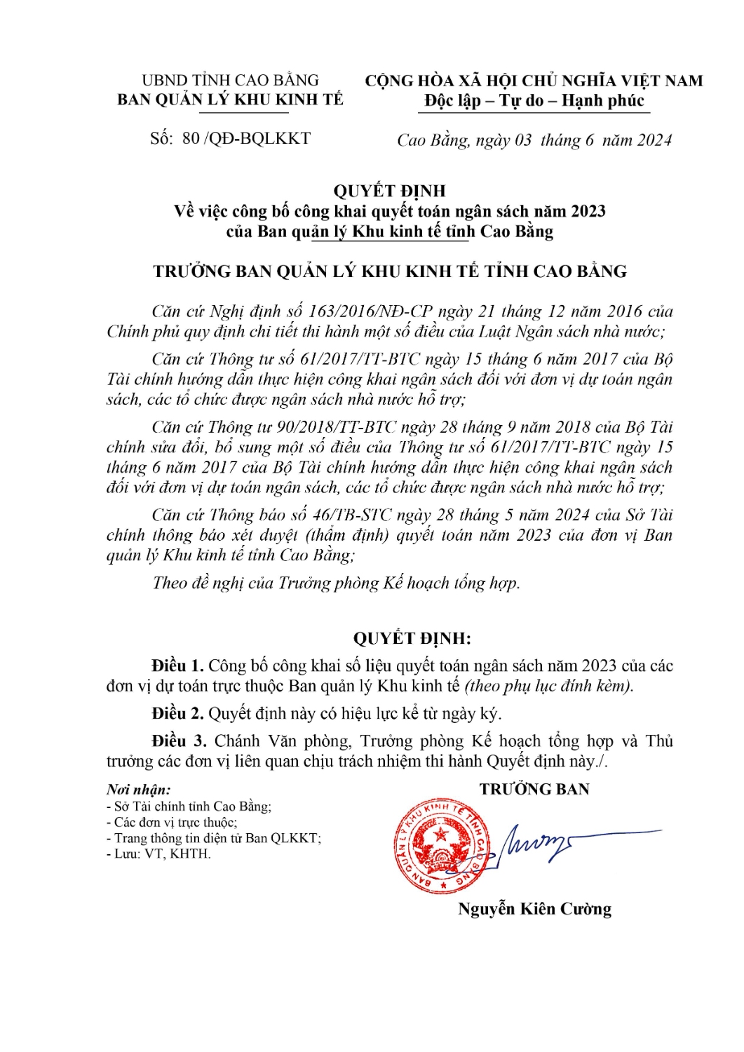 quyet dinh ve viec cong bo cong khai quyet toan ngan sach nam 2023 cua ban quan ly khu kinh te tinh cao bang