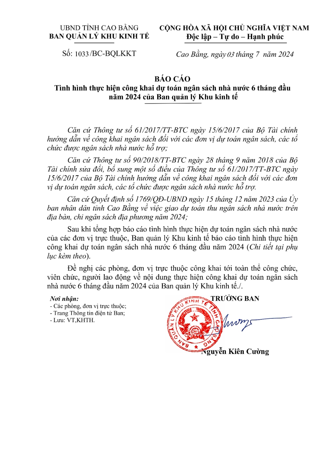 bao cao tinh hinh thuc hien cong khai du toan ngan sach nha nuoc 6 thang dau nam 2024 cua ban quan ly khu kinh te