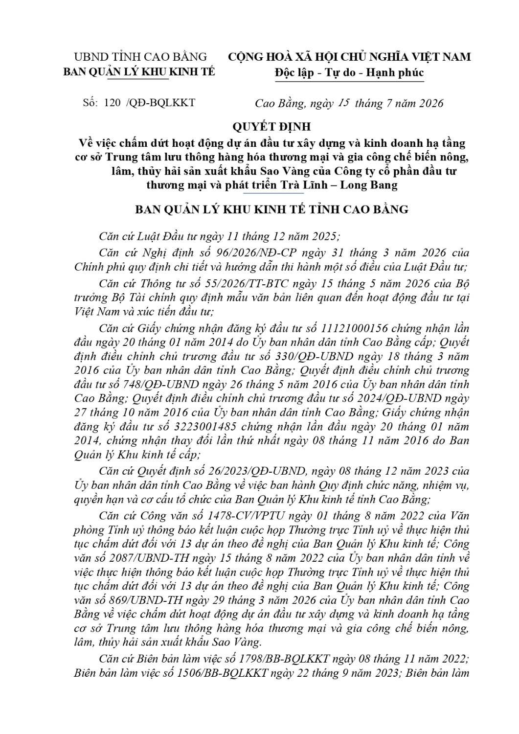 15 7 2026 qd cua bqlkkt cham dut hoat dong du an sao vang page 0001